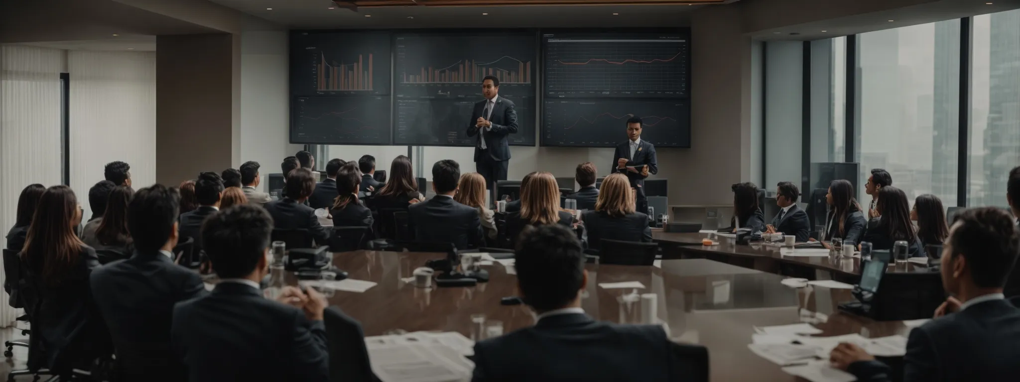 a marketing professional presents a graph showing website traffic growth in a conference room.