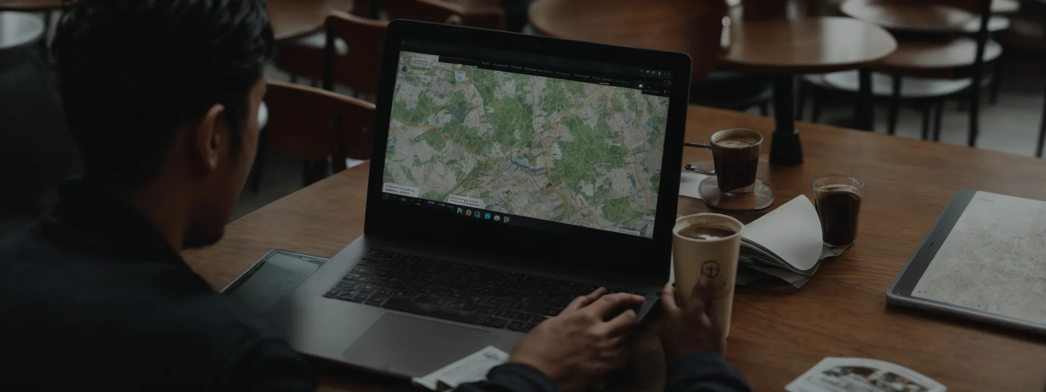 a person sitting at a cafe with a laptop, a coffee cup nearby while browsing a map on the screen.