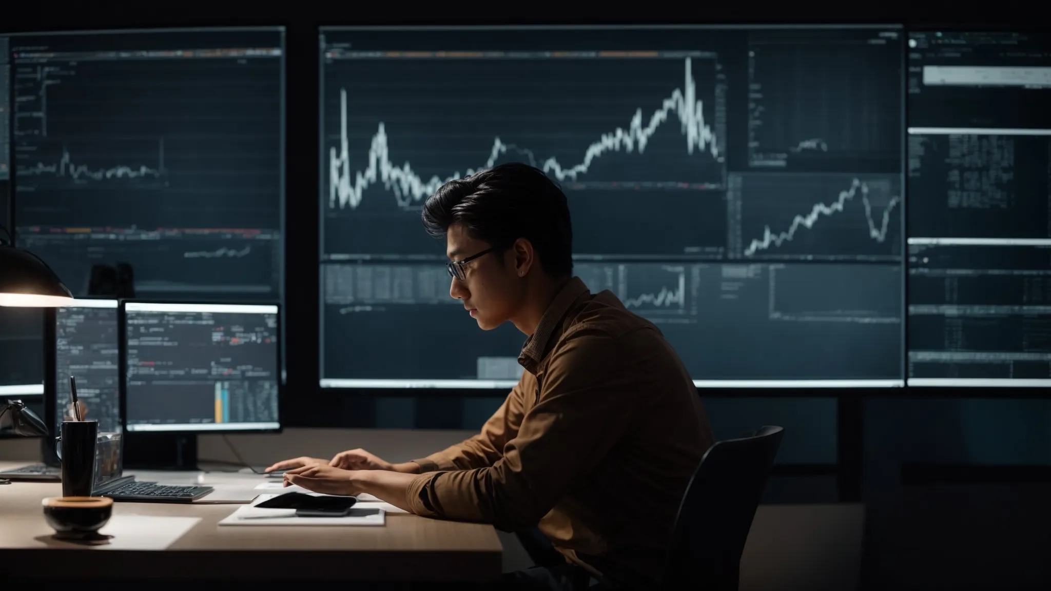 a person sitting at a modern workspace, intently studying analytics on a computer screen.