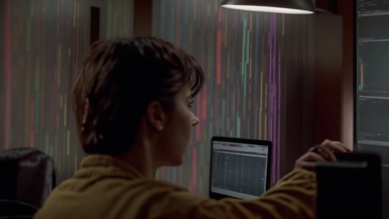 a person intently gazes at a computer screen displaying colorful graphs and search term lists.