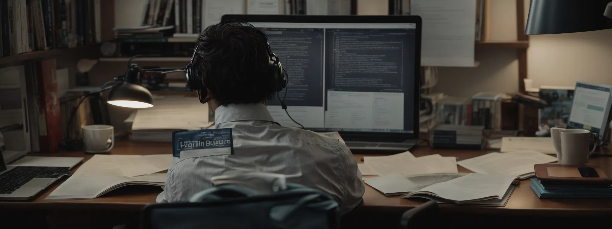 a person sitting at a desk with a computer displaying search engine results, surrounded by books and notes on keyword research.