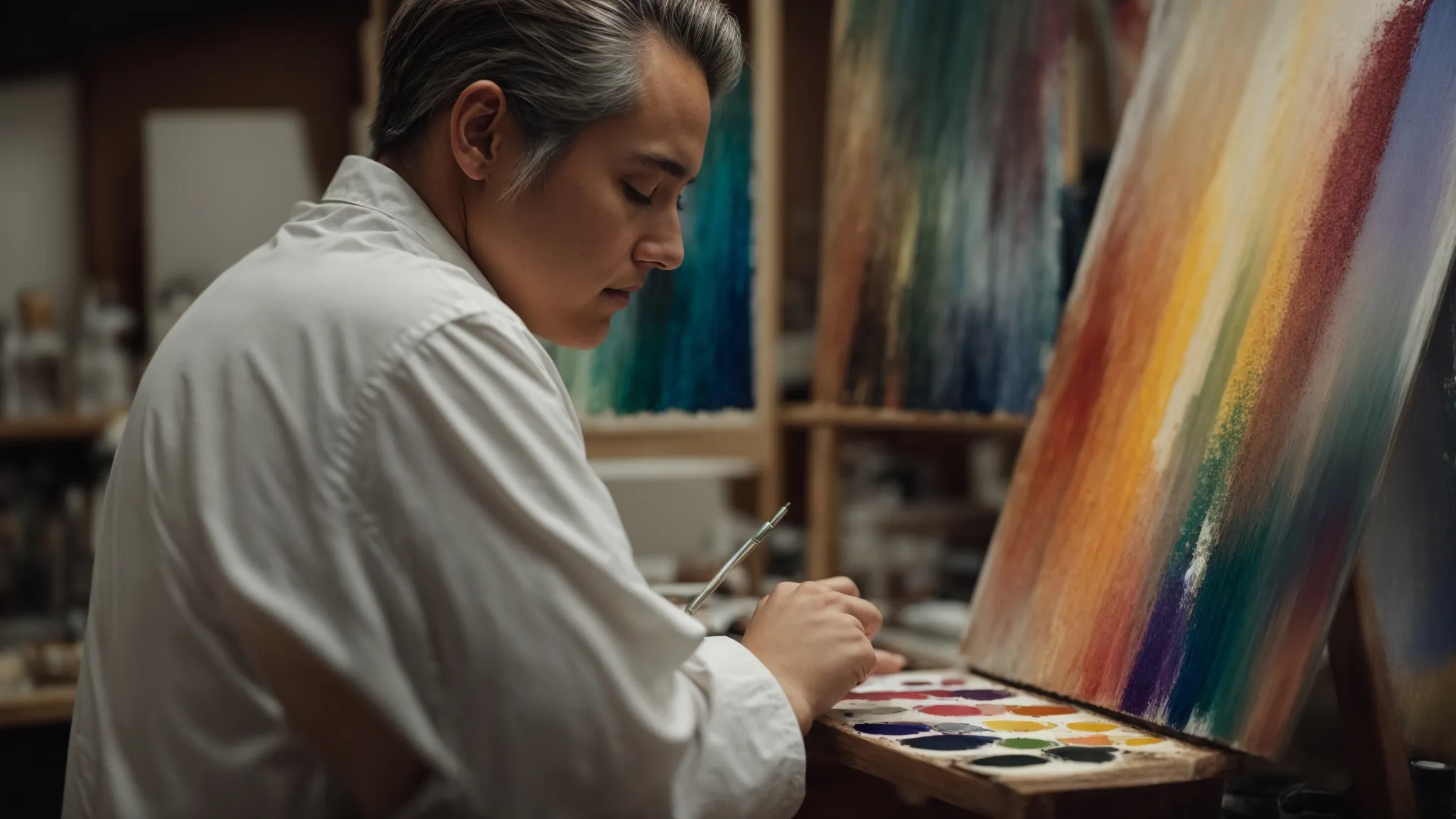 a masterful painter thoughtfully contemplating a colorful palette, poised to create a masterpiece.