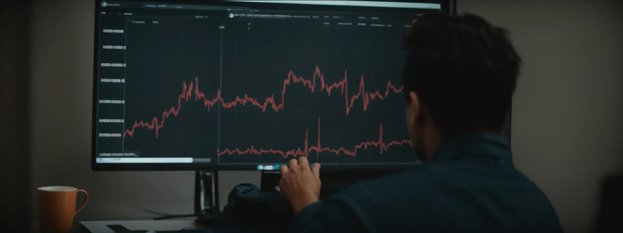 a business strategist studies a graph illustrating fluctuating keyword popularity on a computer monitor.