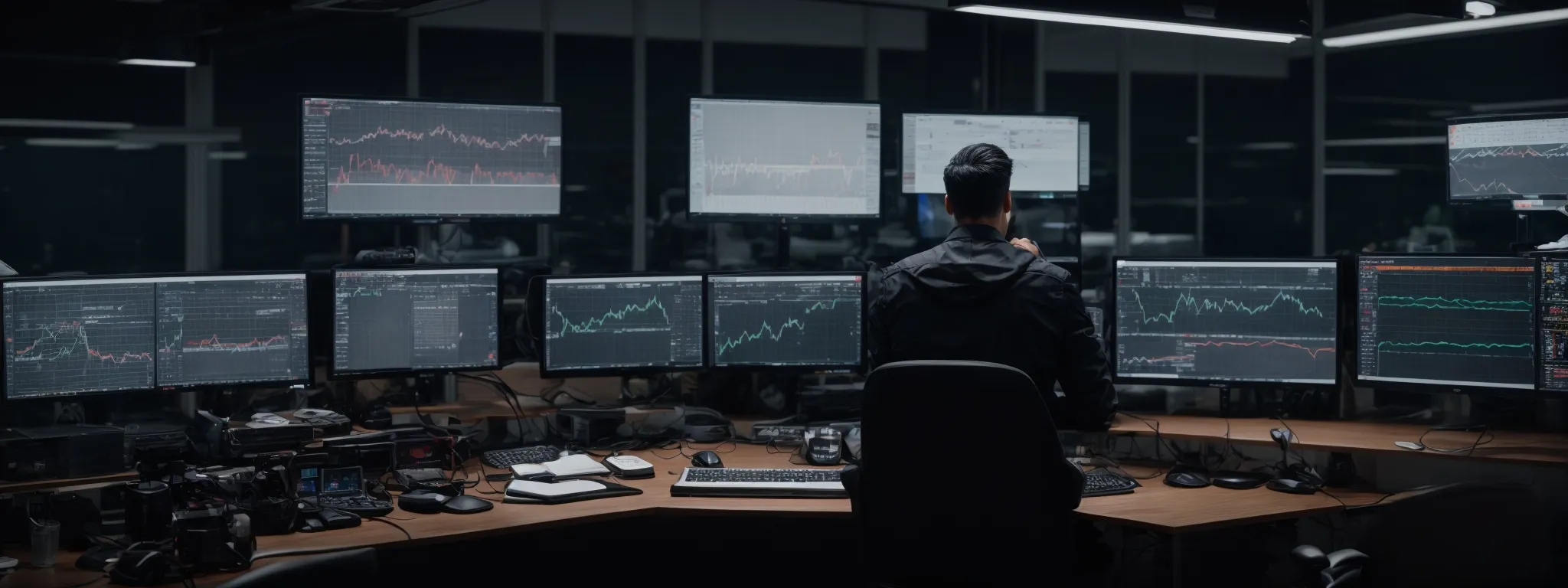 a strategic operator sits before a triple monitor setup, scrutinizing graphs and data analytics charts that reveal insights into competitive keyword performance.