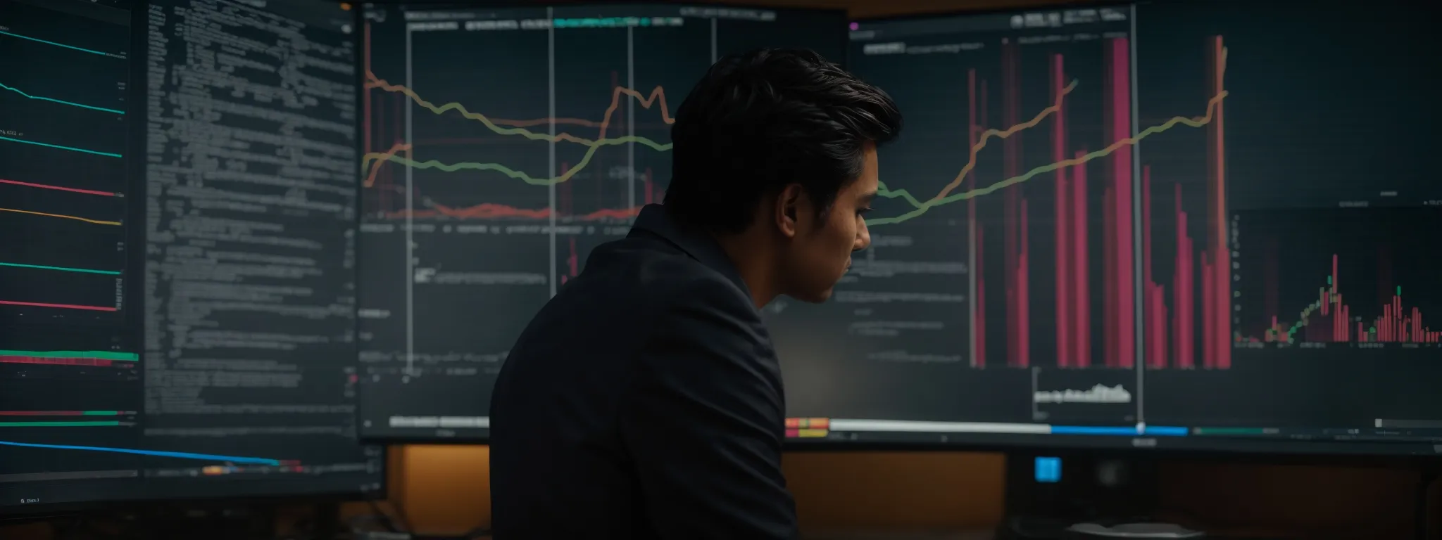 a marketer intently stares at a computer screen displaying multicolored graphs and data analytics.