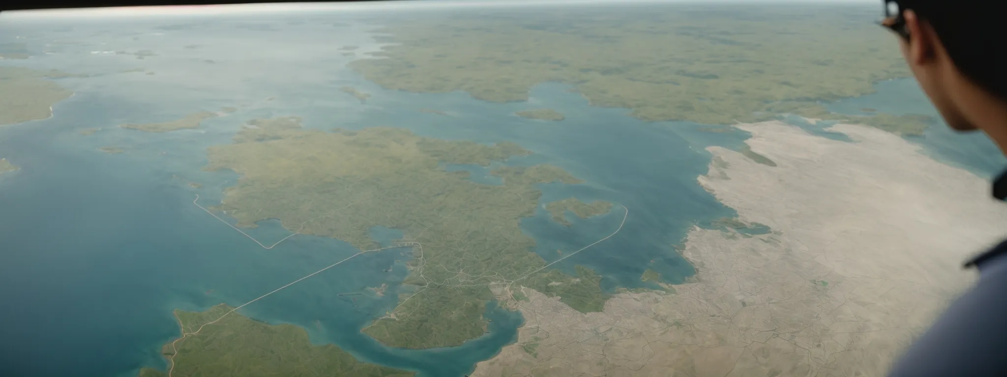 a person gazes at a vast digital map on a computer screen, charting a strategic course through a landscape marked by distinctive signposts of seo success.