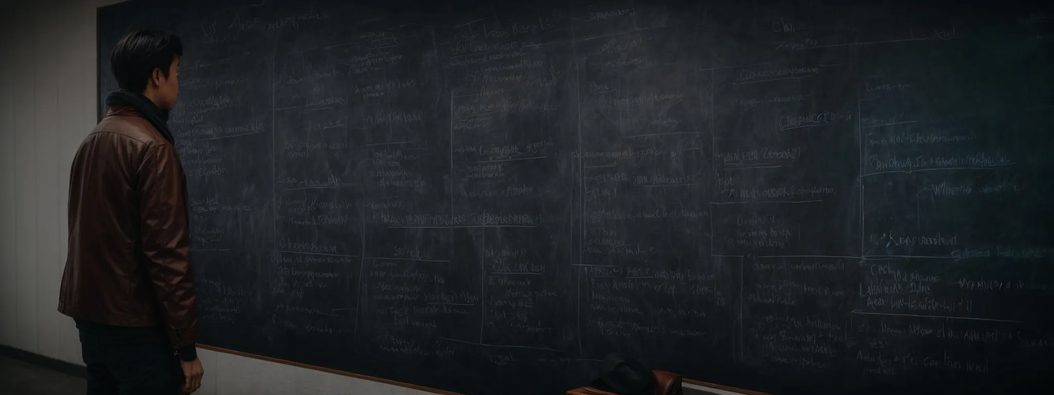 a person standing before a large chalkboard filled with seo-related terms and topic clusters, indicative of strategic planning.