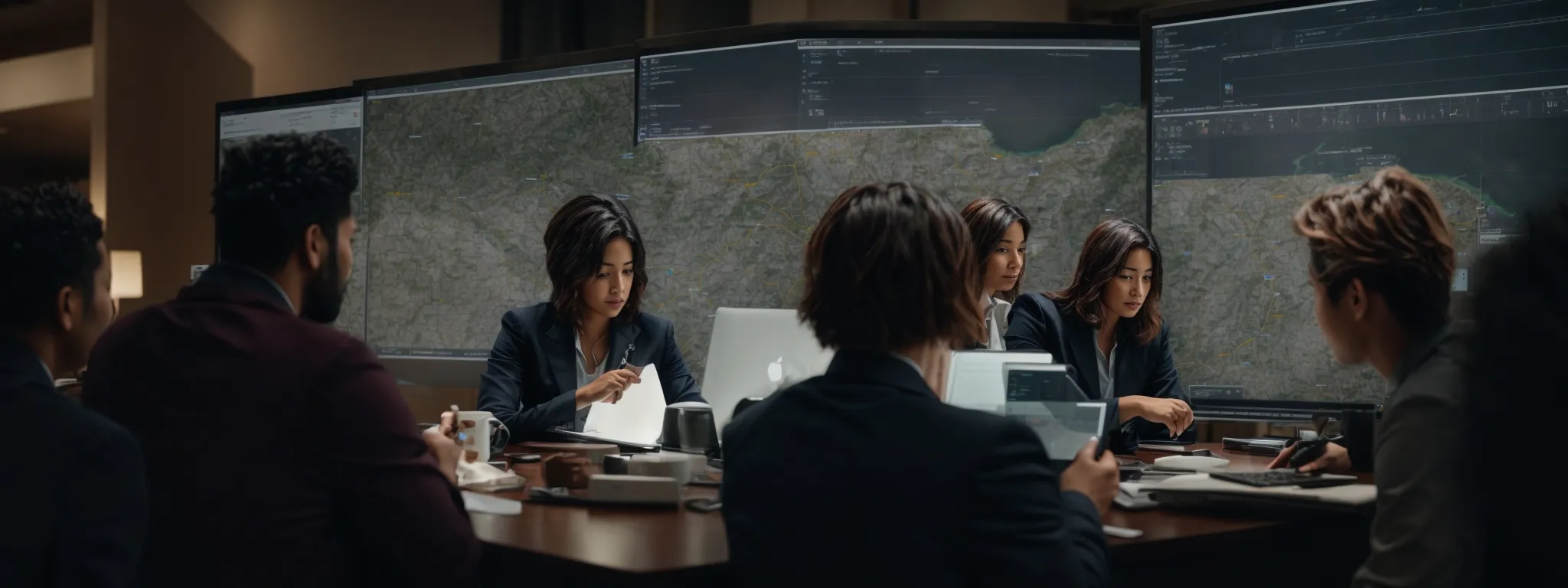 a diverse group of professionals congregates around a laptop, analyzing data on a digital map interface.