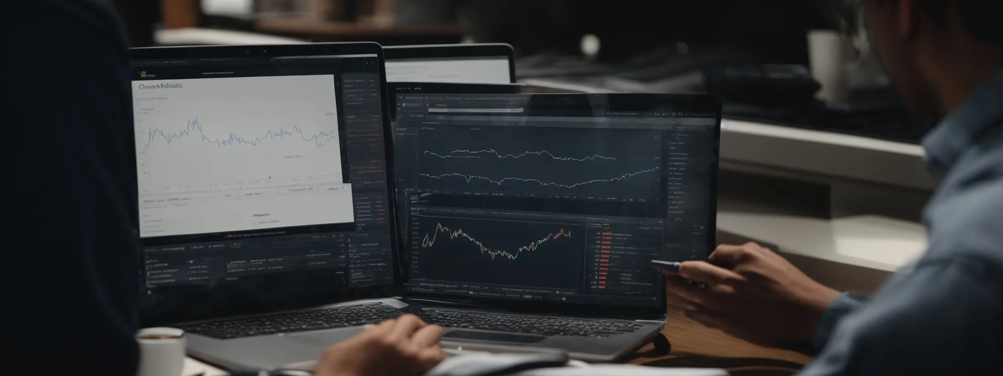 a professional setting with a person using a laptop, displaying charts and data analysis for optimizing search engine visibility.