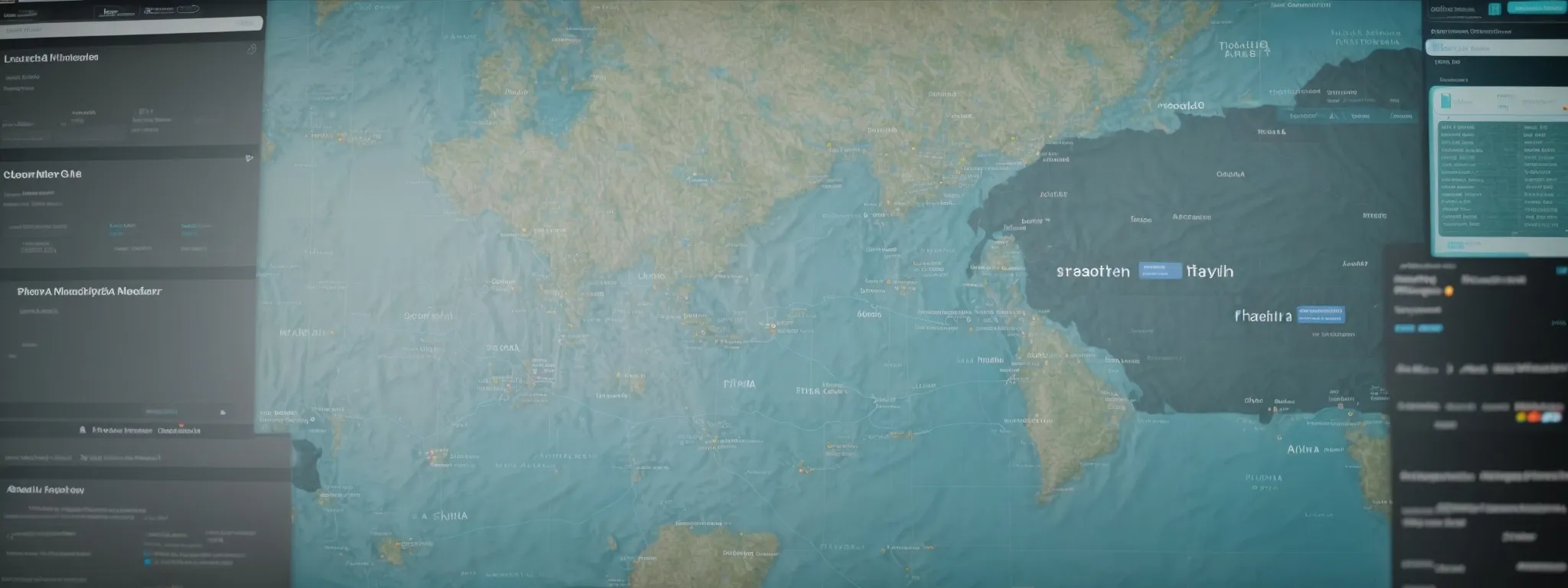 a desktop screen displaying a futuristic keyword analysis interface with an extensive, interactive global map of trending search terms.