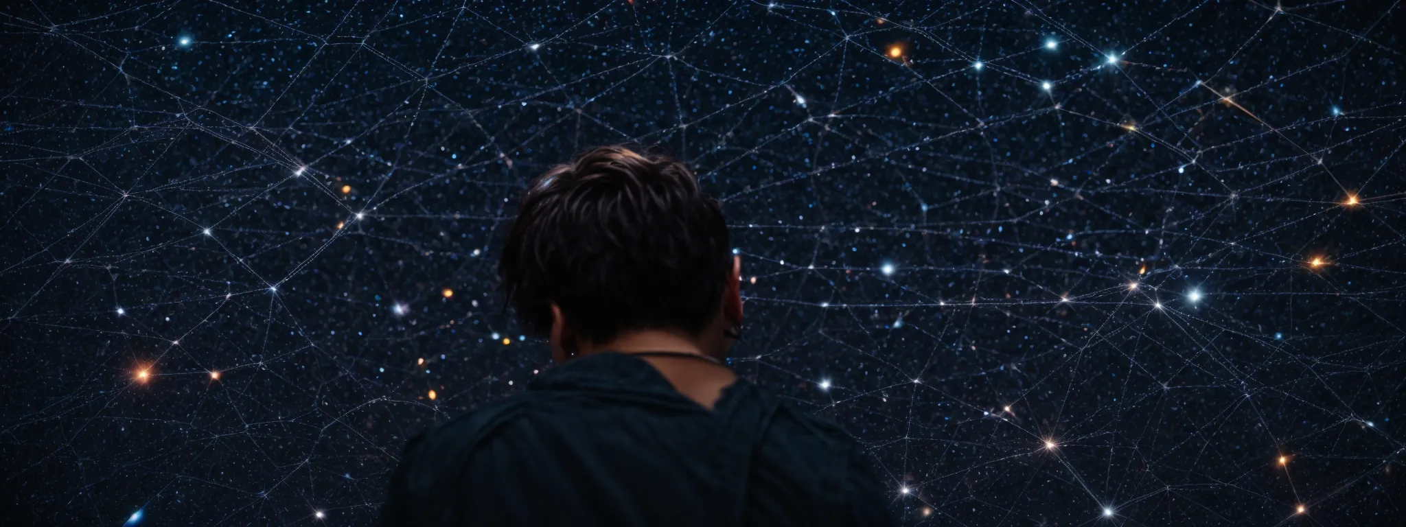 a digital marketer intently studies a complex web of stars representing the vastness of search engine algorithms.