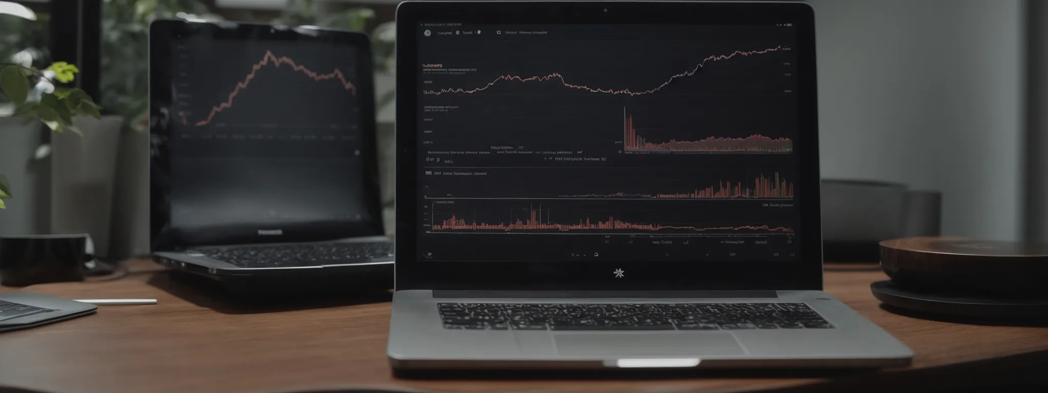 a laptop with a graph-laden interface showing search trends and keyword analytics.