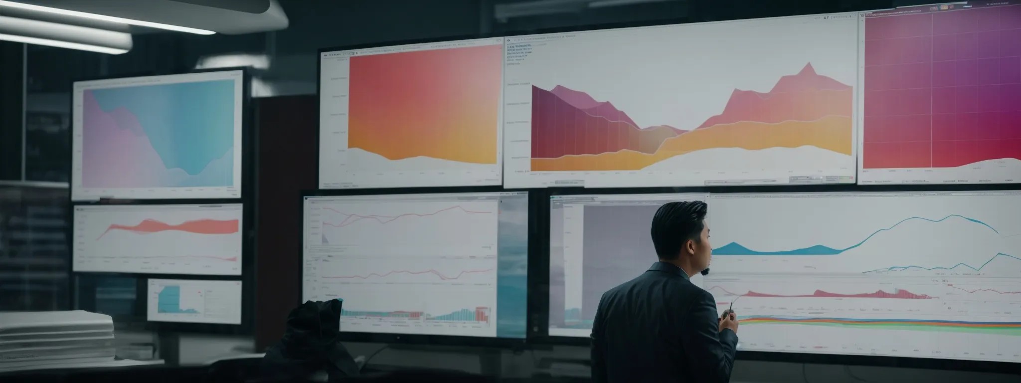 a person scrutinizing a large screen displaying colorful graphs and data analytics.
