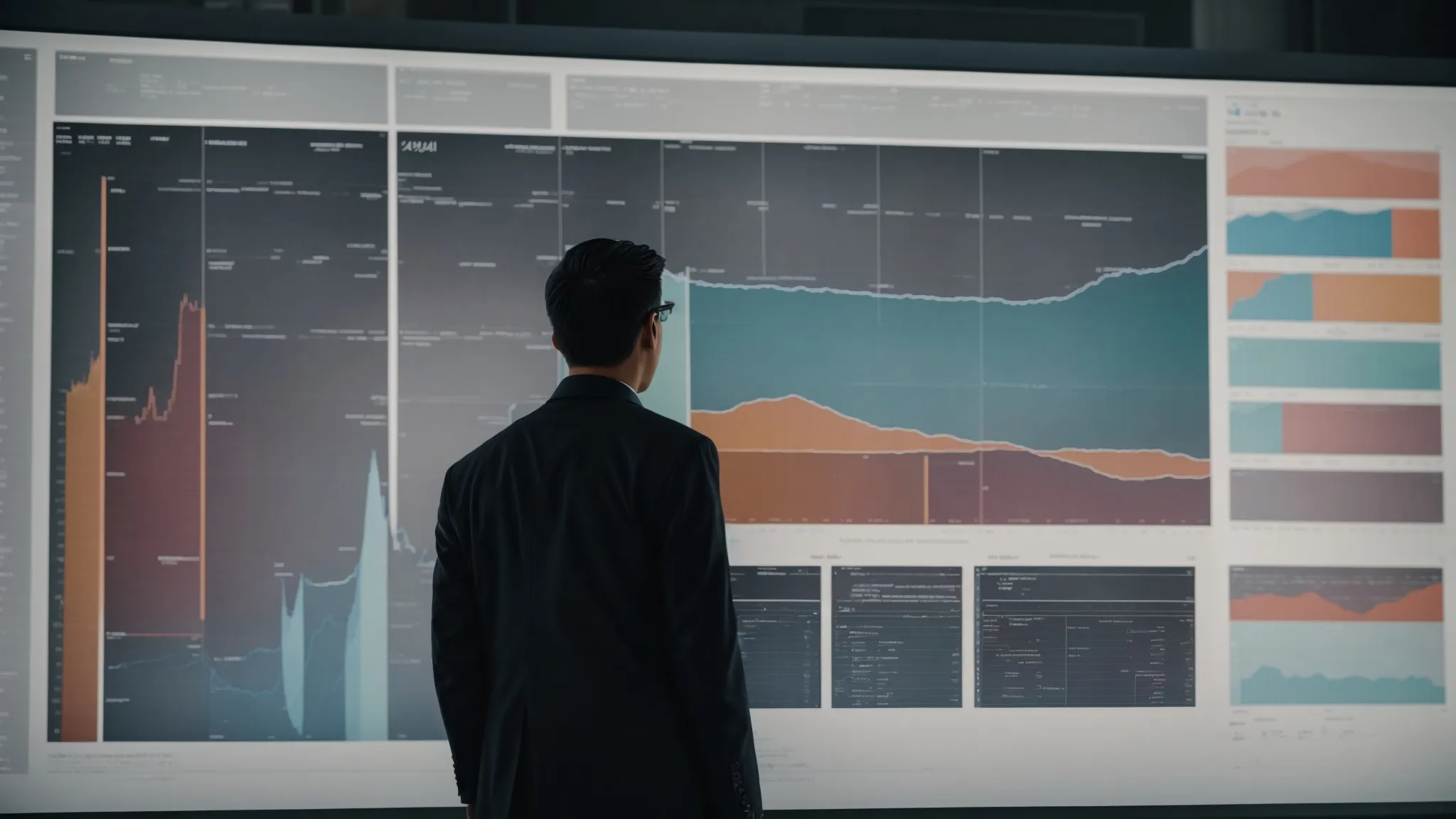 a person intently analyzing expansive graphs and charts on a computer screen.