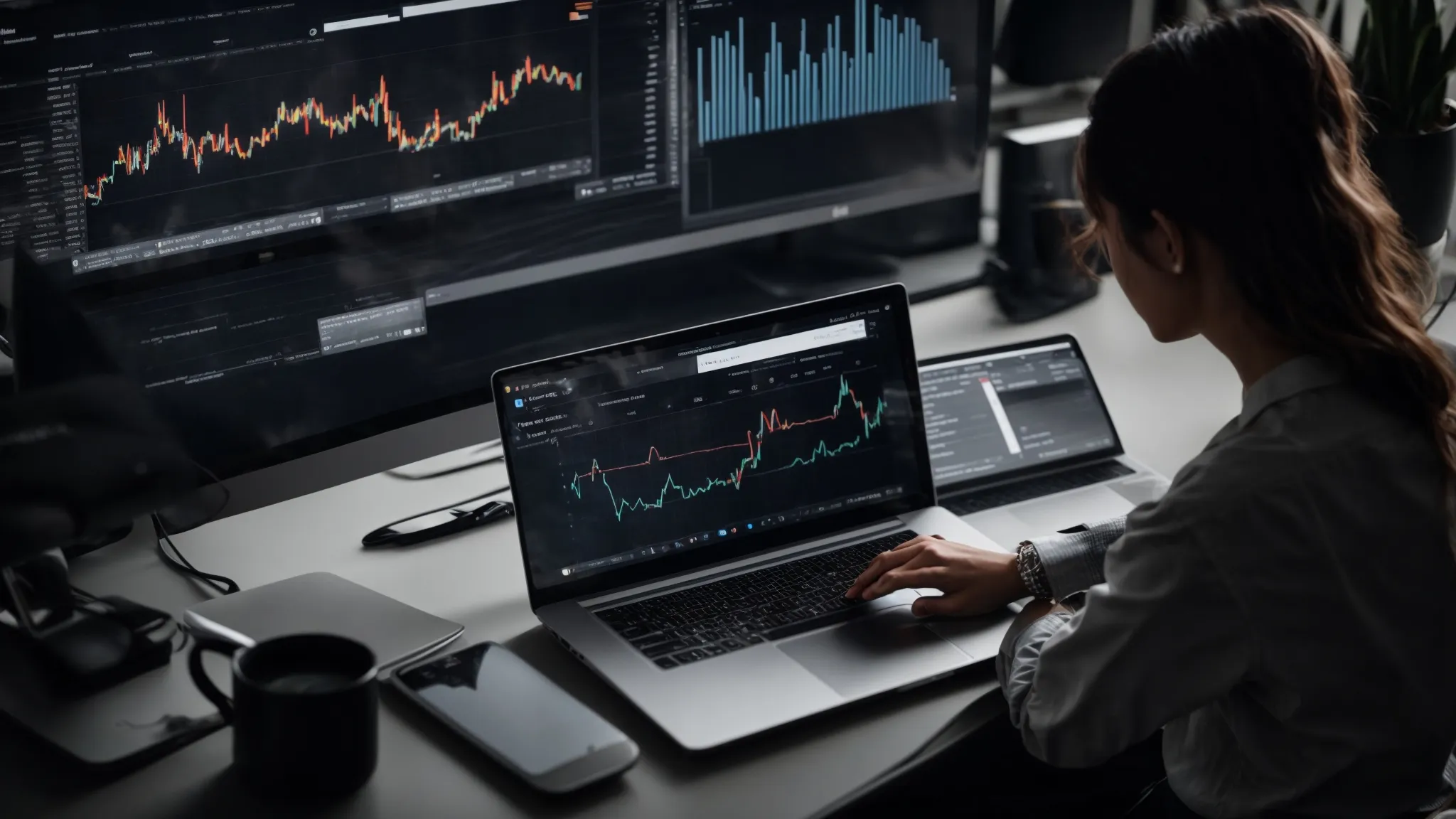 a person using a laptop with graphs and data on the screen, showcasing keyword analysis and seo trends.
