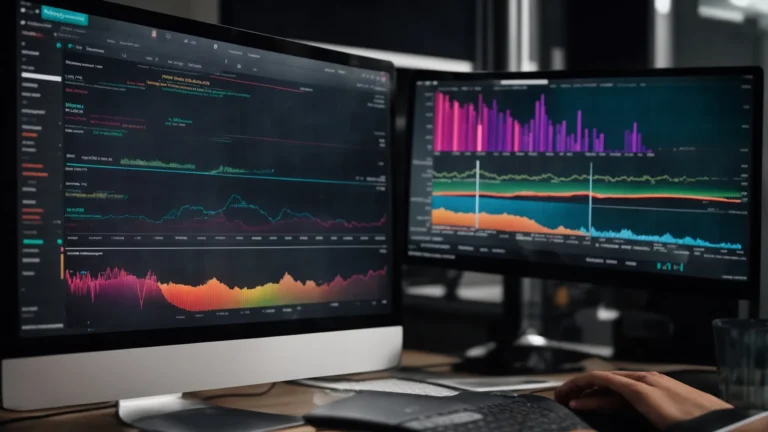 a computer screen displays colorful graphs and keyword rankings while a person analyzes seo strategies on the searchatlas platform.