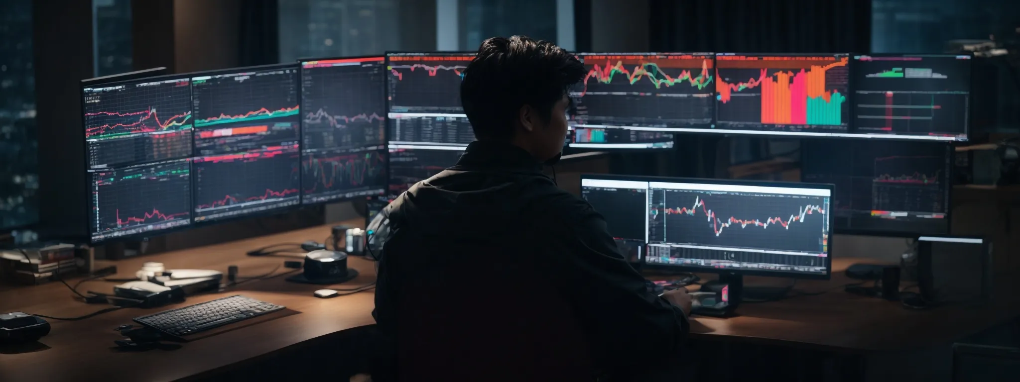 a person sitting at a desk with dual computer monitors displaying colorful graphs and video analytics on a youtube dashboard.