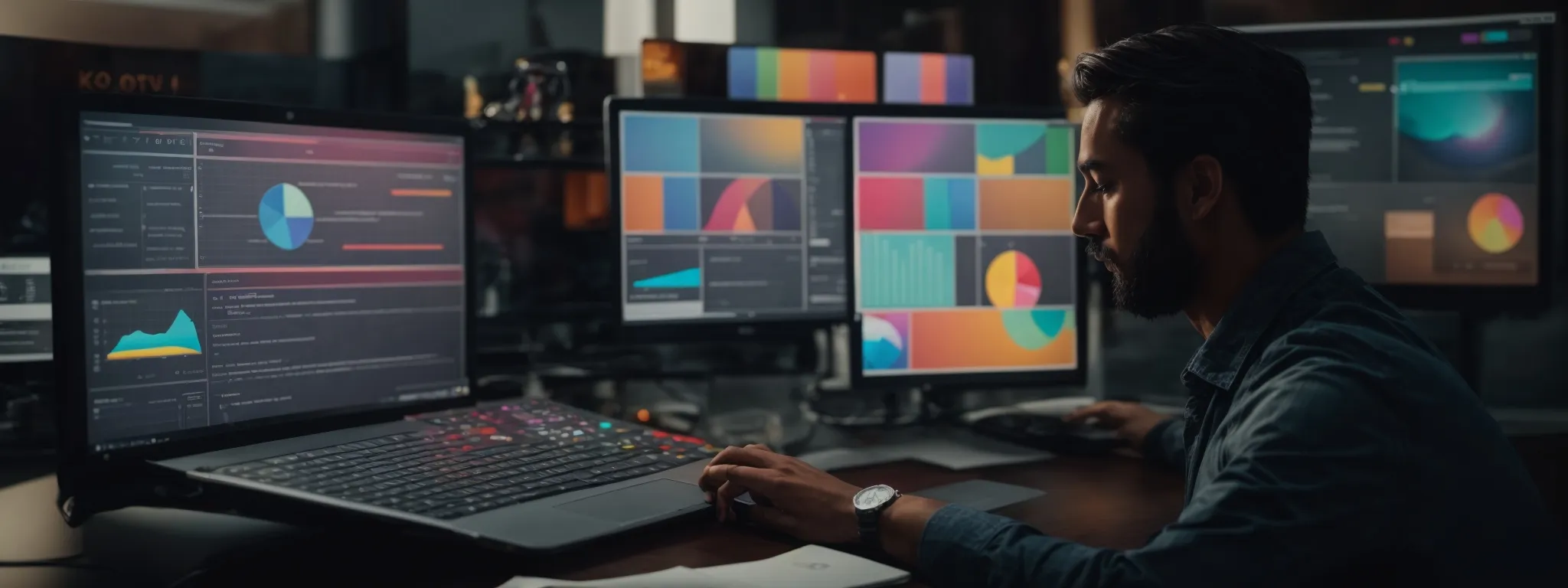 a marketer analyzes colorful pie charts and trend graphs on a computer screen, reflecting diverse keyword research strategies.