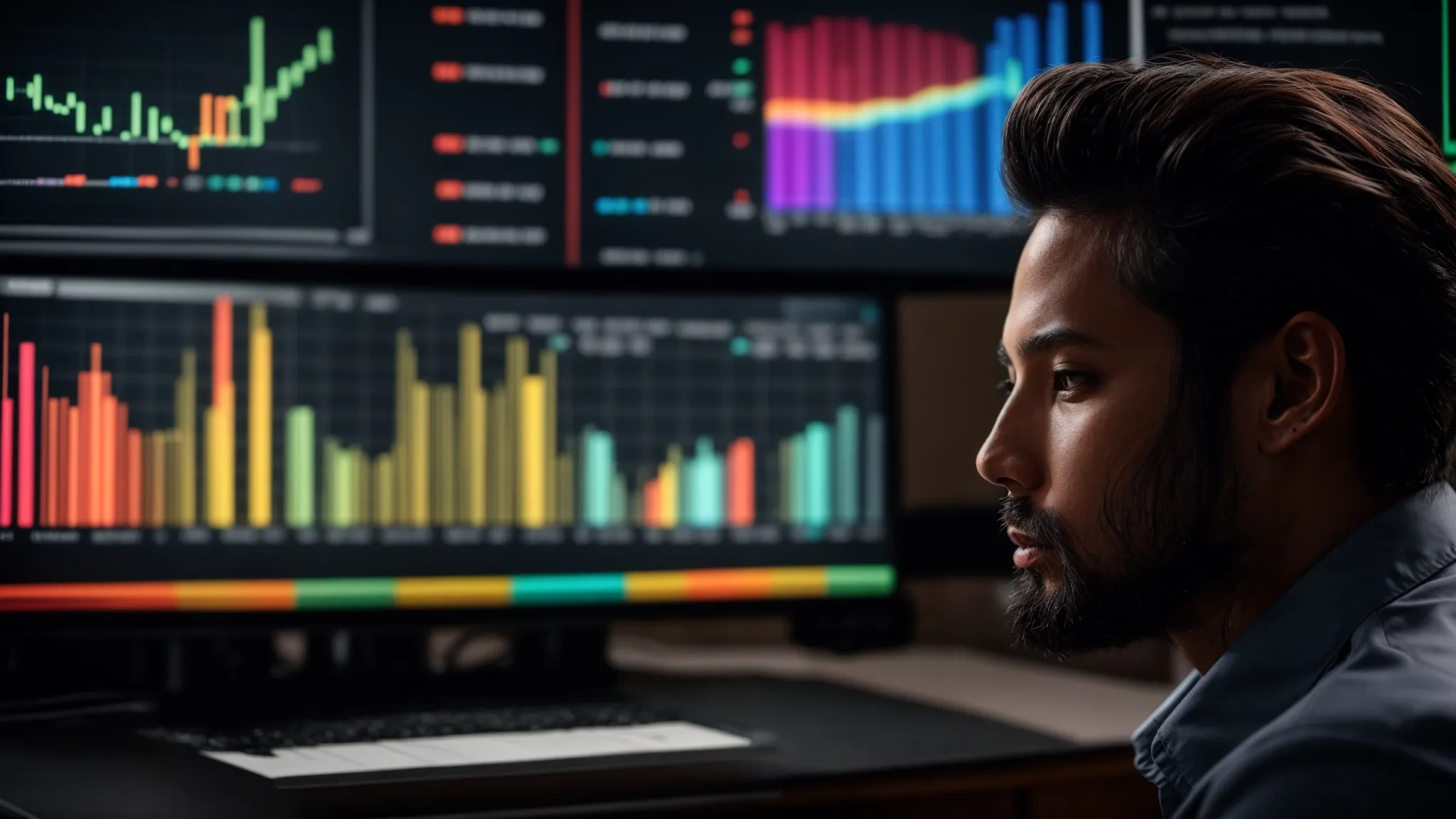a focused individual stares at a computer screen displaying colorful graphs and data analytics.