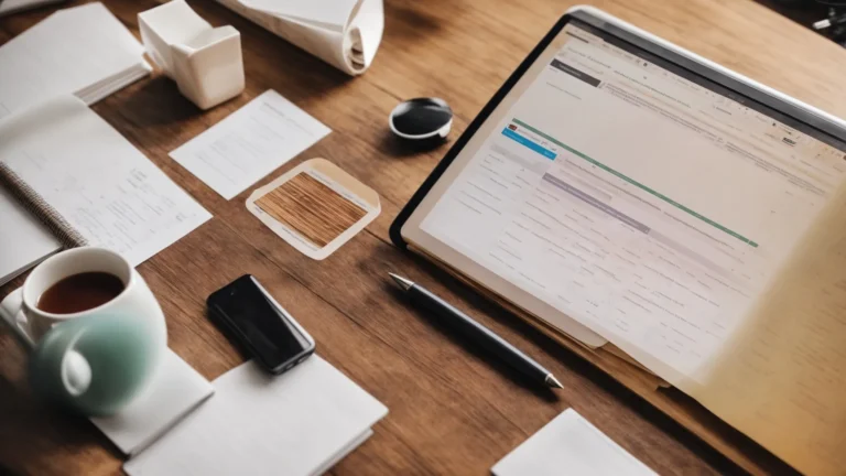 a laptop with a spreadsheet of trending search terms visible on its screen sits atop a wood desk surrounded by marketing strategy notes.