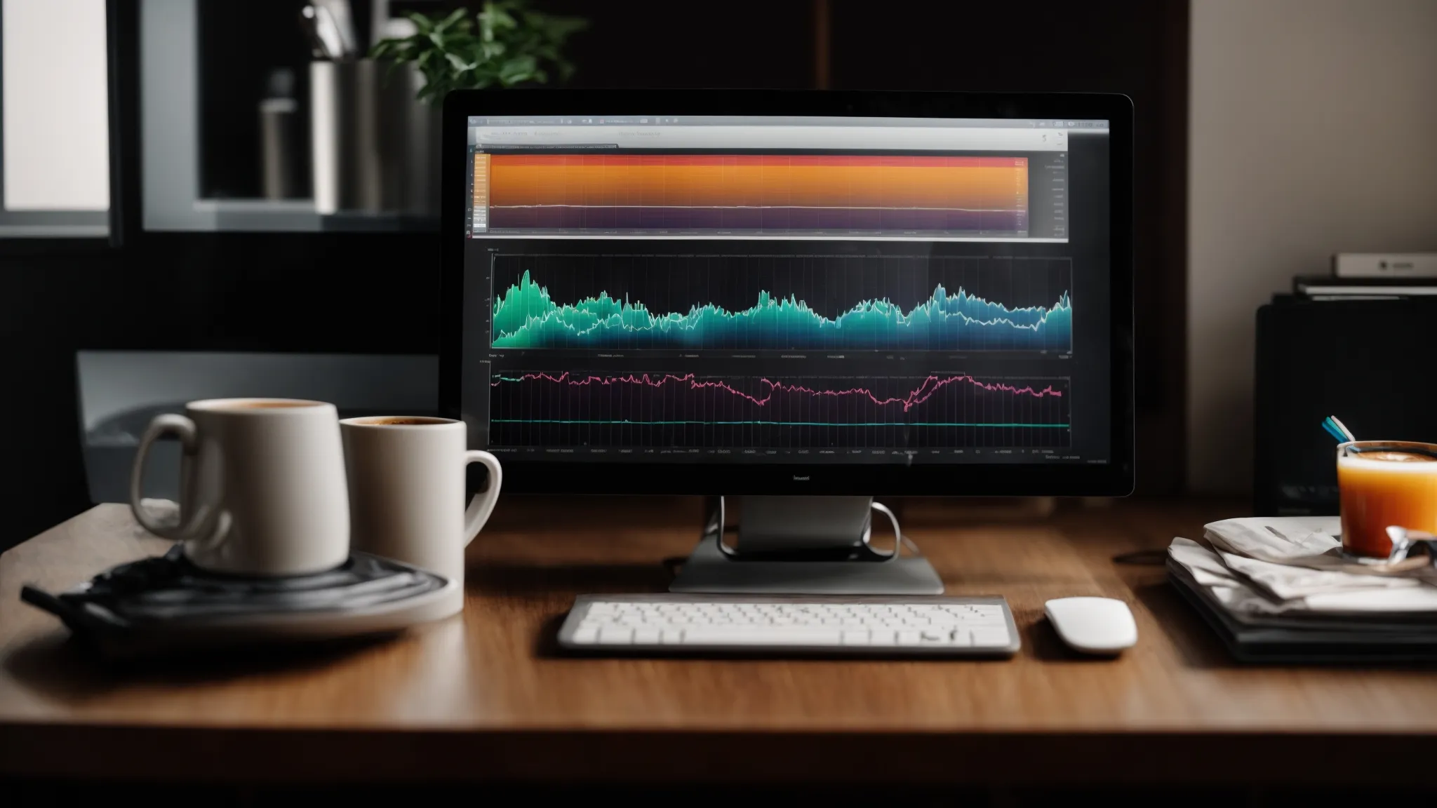 a desktop with a computer displaying colorful graphs and keyword analytics alongside a notepad and a cup of coffee.