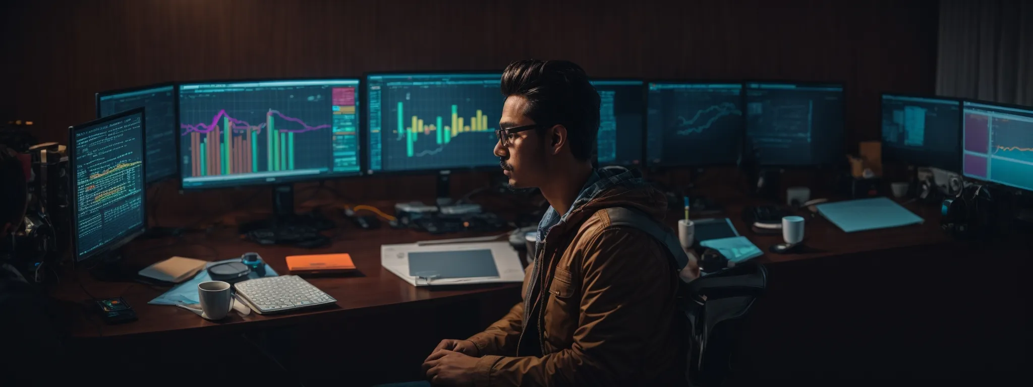 a digital marketer sits before multiple computer monitors displaying colorful seo analytics and keyword trend graphs, deep in contemplation of their next strategic move.