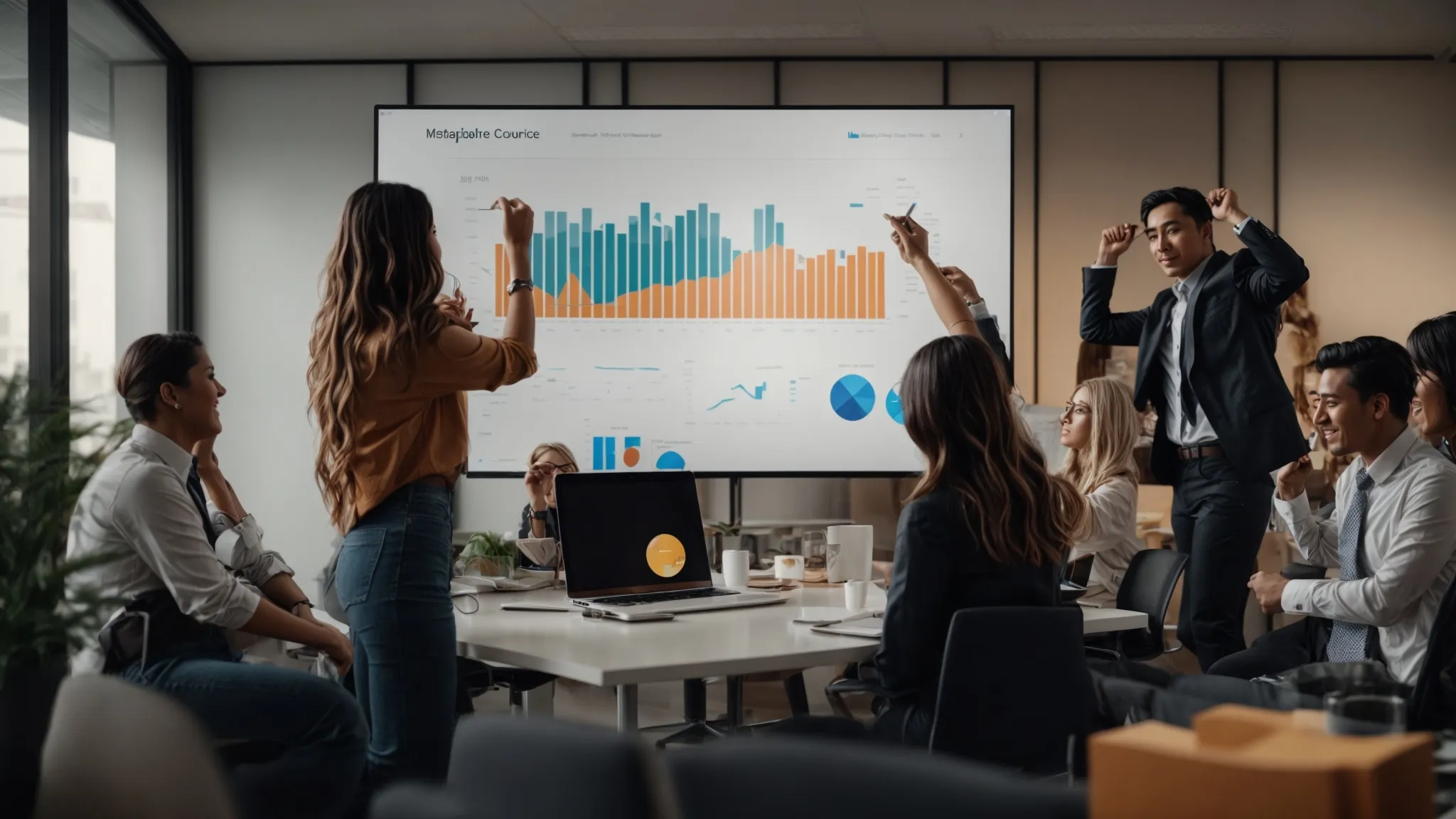 a group of marketing professionals celebrates in an office as one presents a graph on a computer screen, illustrating the success of searchatlas as a free tool within amazon's ecosystem.
