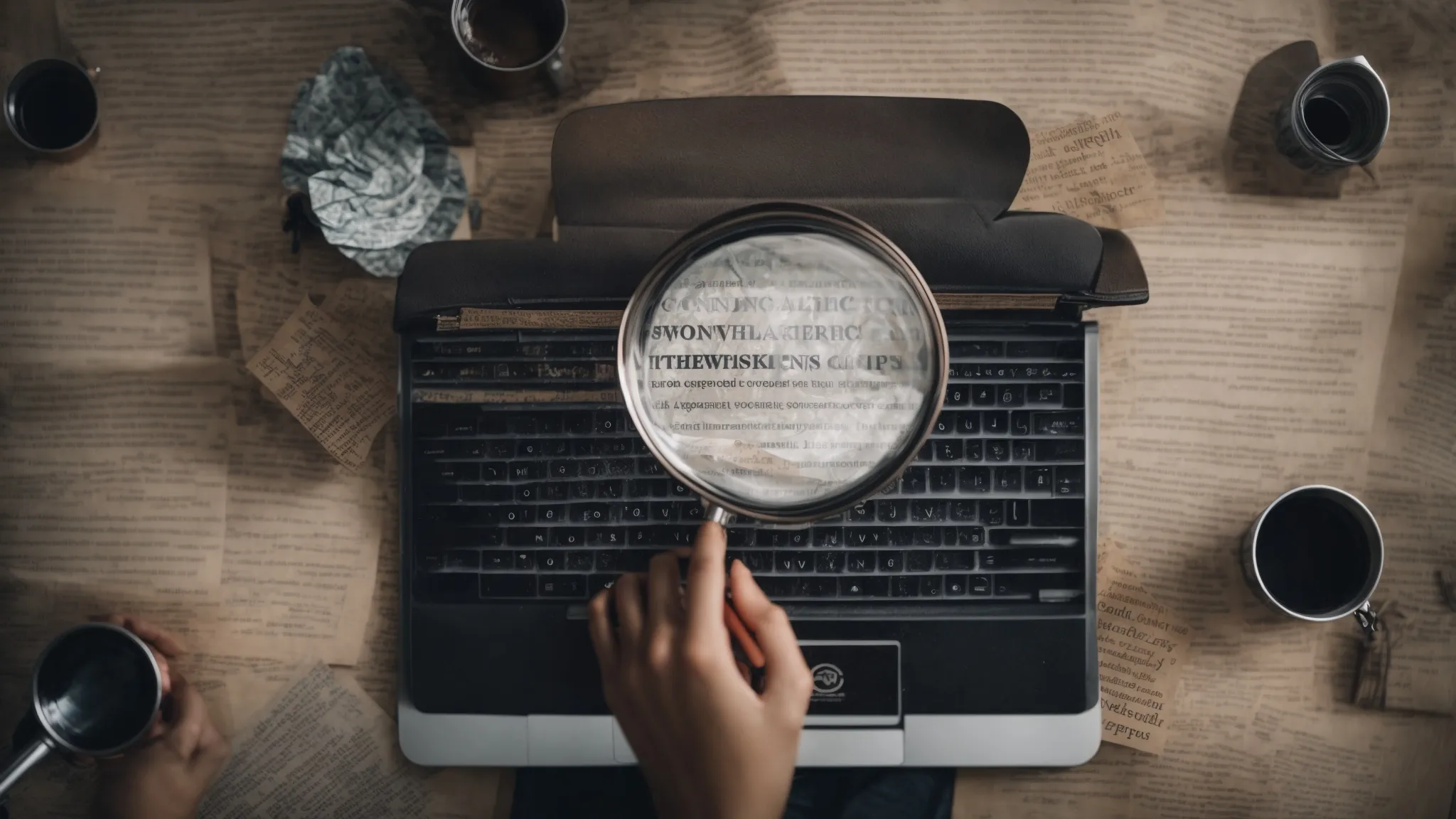 a person typing on a laptop surrounded by swirling keywords and a magnifying glass emphasizing search optimization.