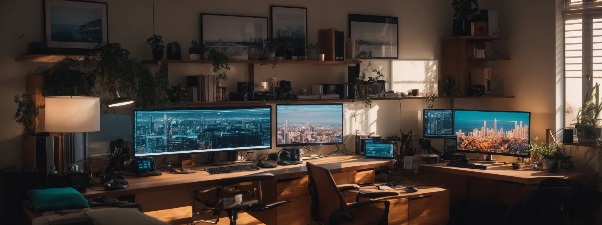a panoramic view of a modern home office with a dual monitor setup displaying vibrant graphs and cluster diagrams, all bathed in the soft glow of morning light.