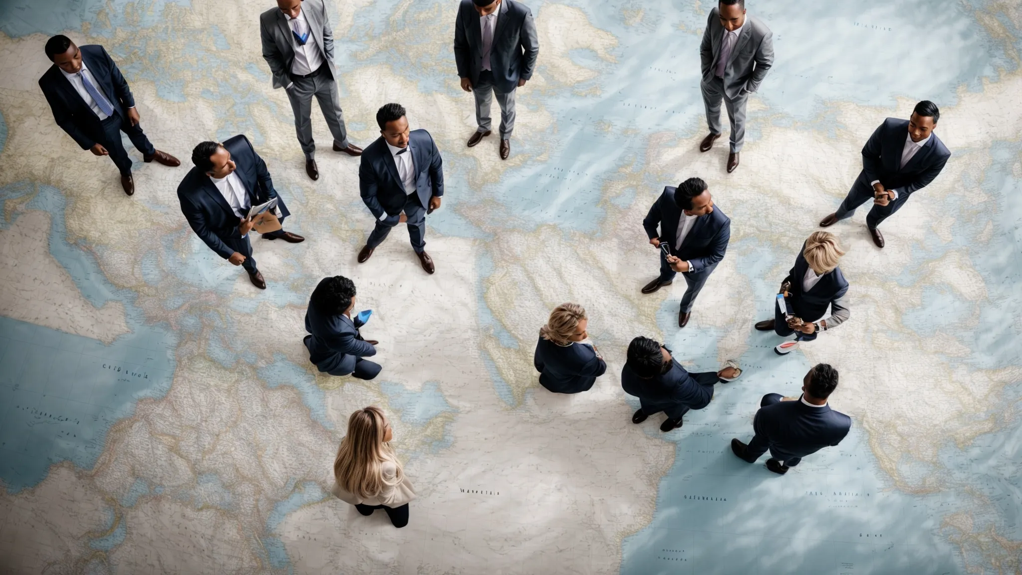 a diverse group of business professionals gathers around a large world map, strategically placing markers.