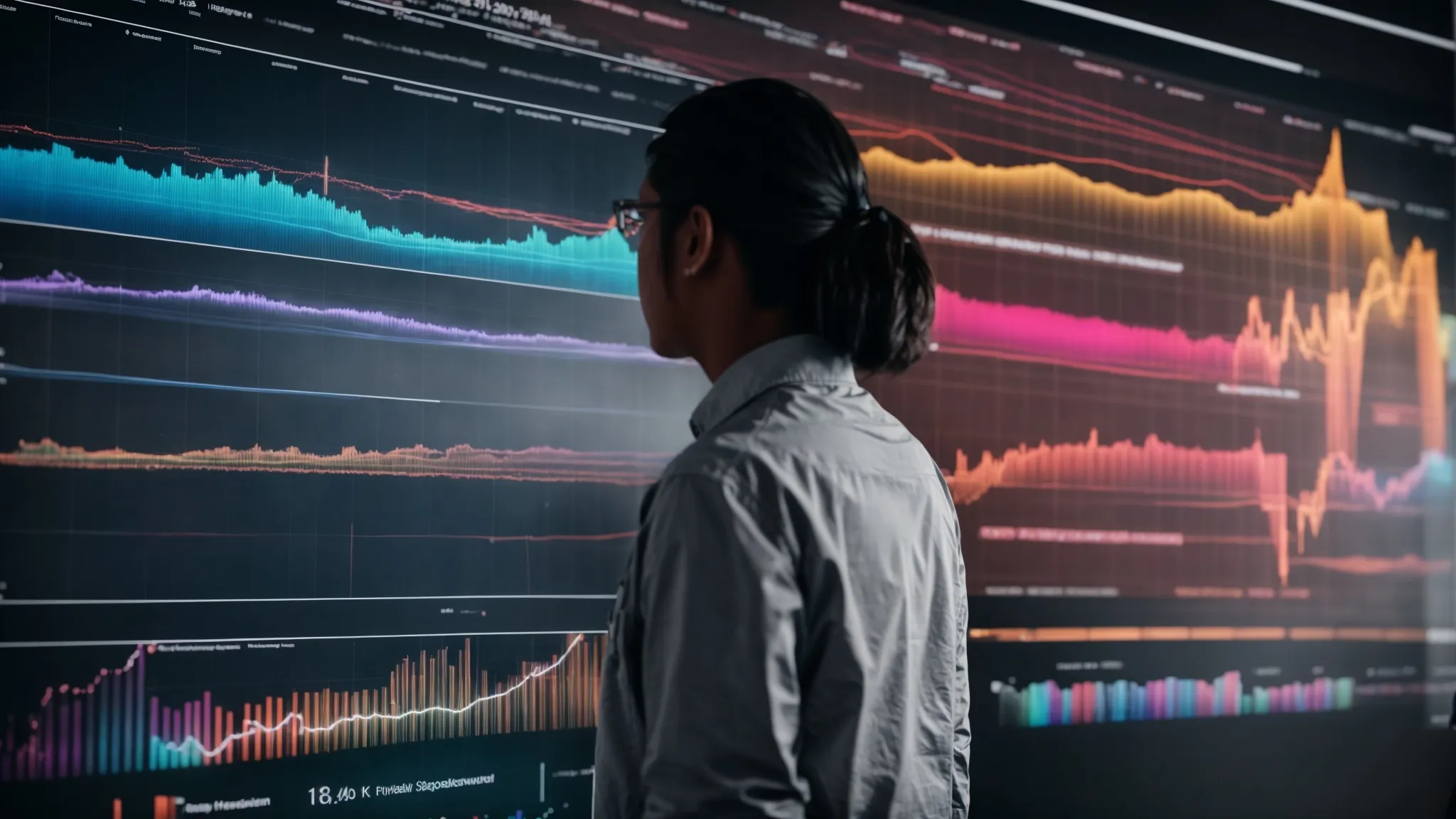 a person examining a large screen displaying colorful graphs and data analytics related to website keywords.