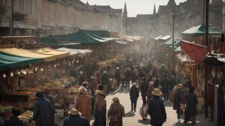 a bustling outdoor market scene with various local shops displaying their unique goods to engaged shoppers browsing the stalls.