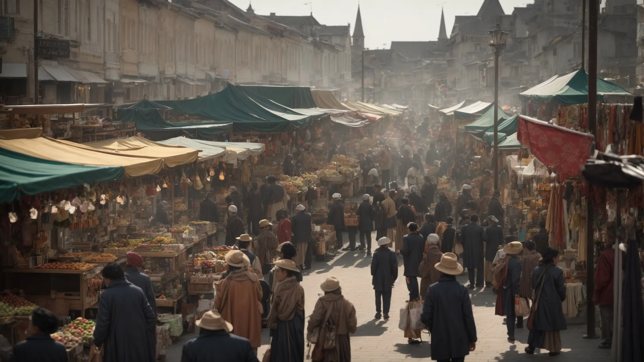 a bustling outdoor market scene with various local shops displaying their unique goods to engaged shoppers browsing the stalls.