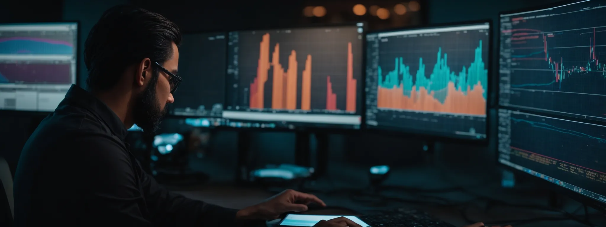 a researcher thoughtfully analyzes vibrant data visualizations on a computer screen, symbolizing the strategic exploration of keyword intent.