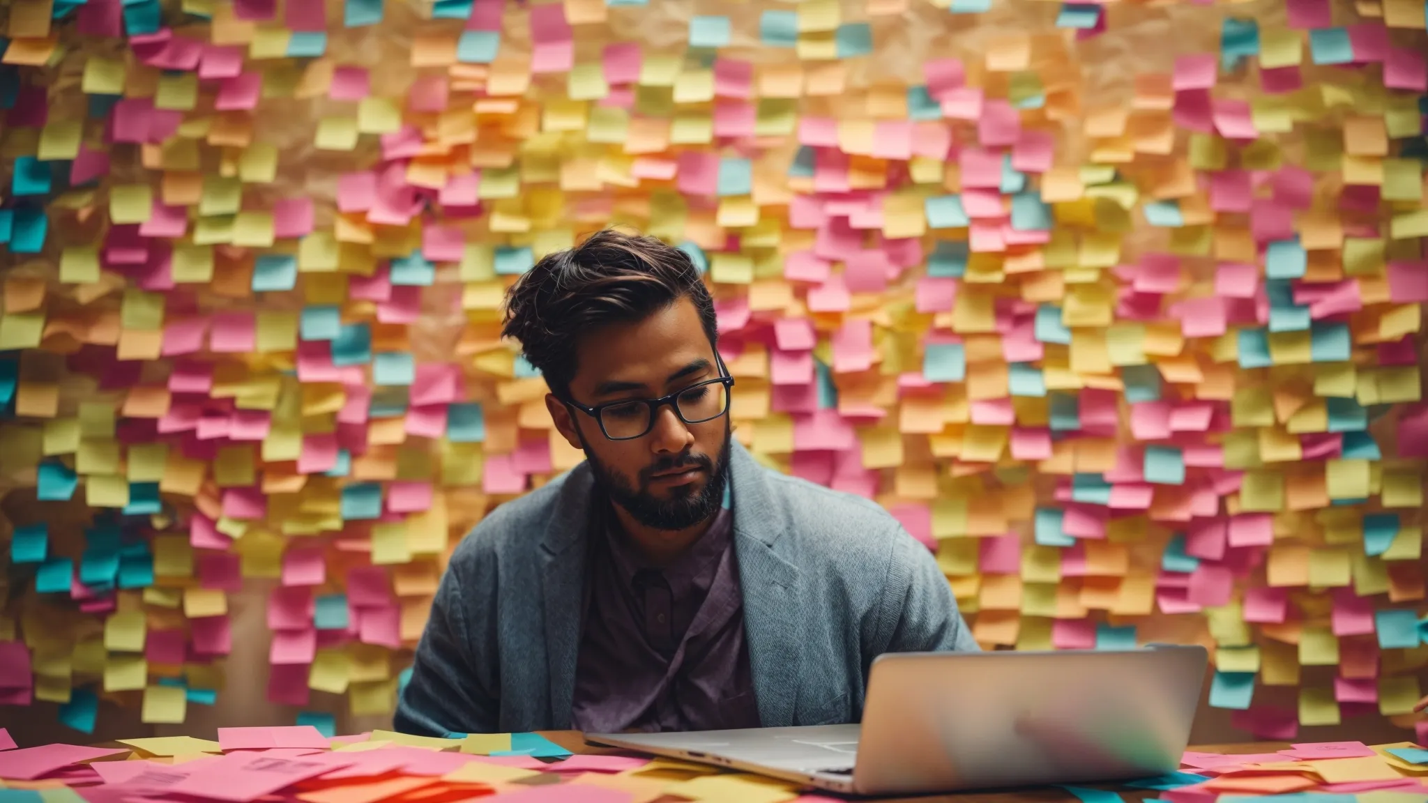 a person surrounded by a myriad of colorful sticky notes with single words or short phrases, sitting in front of a computer with multiple tabs open, each tab displaying a different keyword analysis tool.
