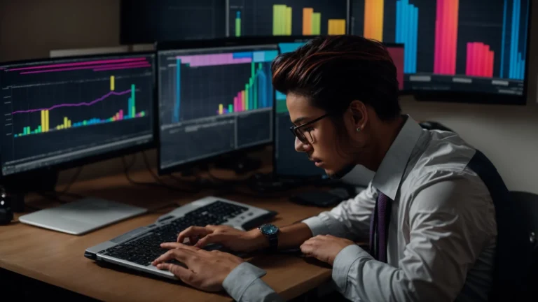 a person sitting at a computer with several colorful graphs and charts on the screen.