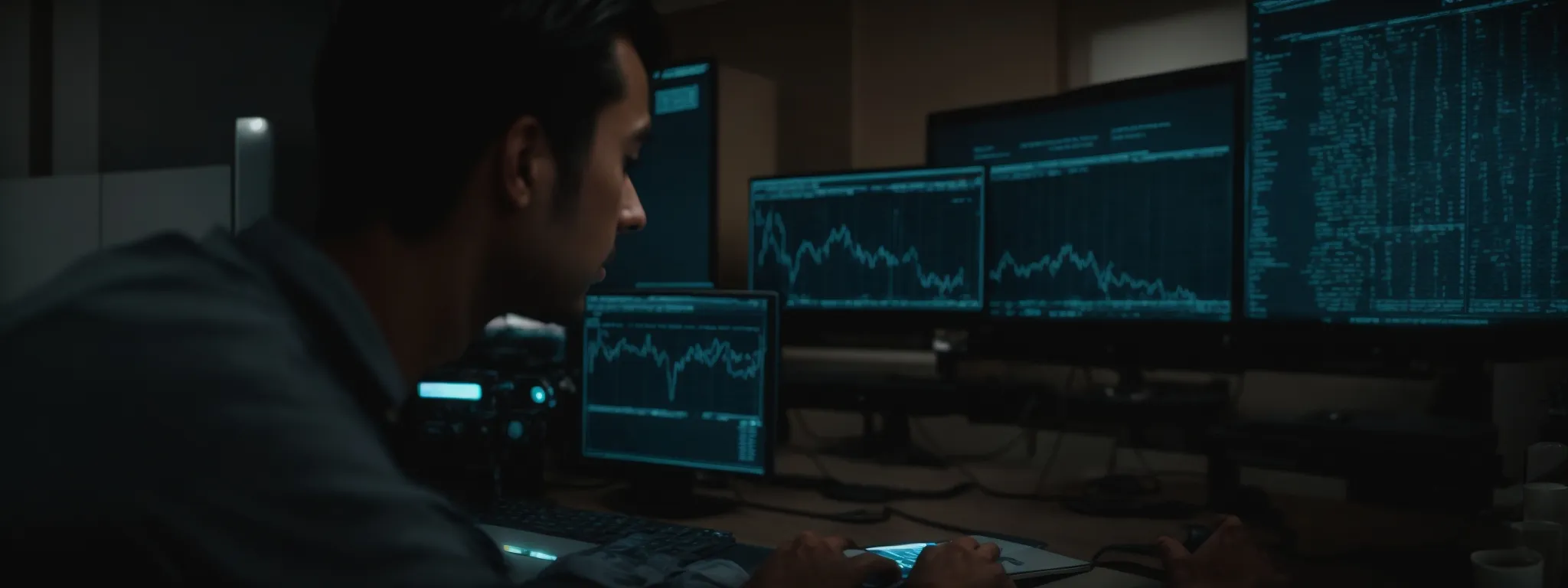 a digital marketer reviews data analytics on a computer screen to devise an seo strategy.
