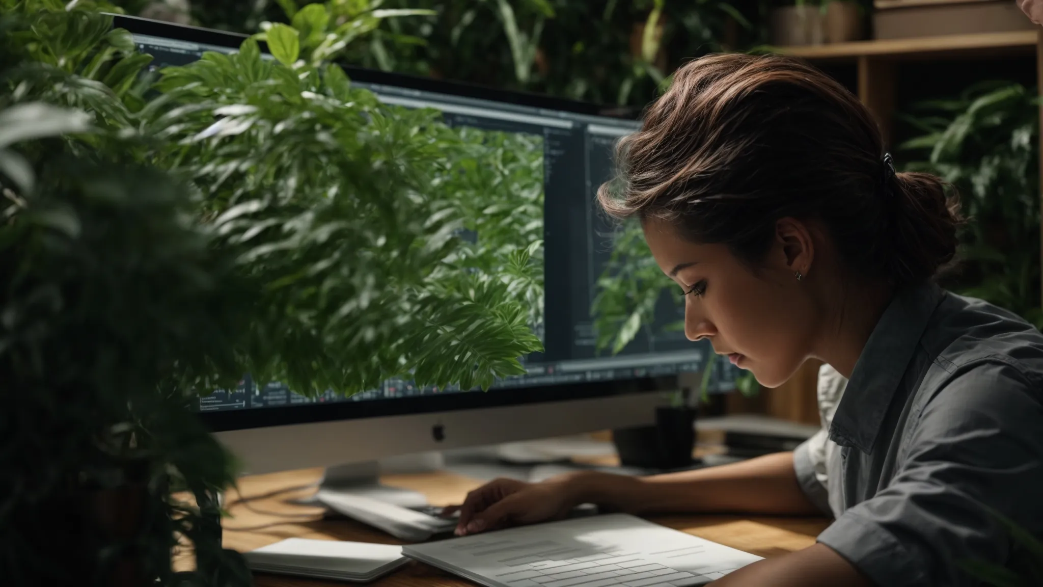 a person analyzing search trends on a large computer monitor surrounded by plants and notebooks.