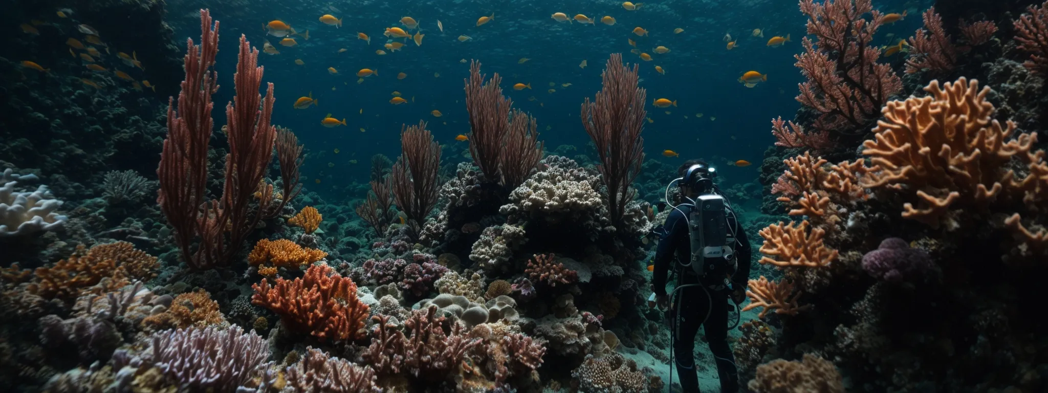 a deep-sea diver amidst a vast coral reef, symbolizing the search for valuable keywords within the ocean of online data.