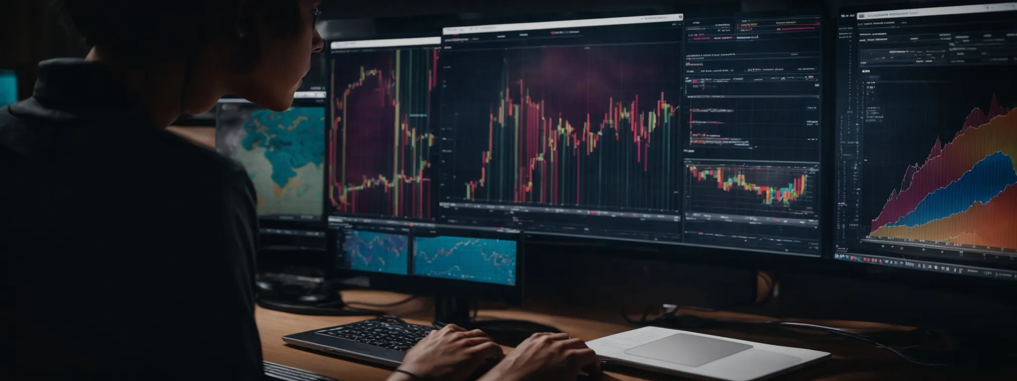 a person analyzing a colorful seo dashboard on a computer screen that displays maps and keyword trend graphs.