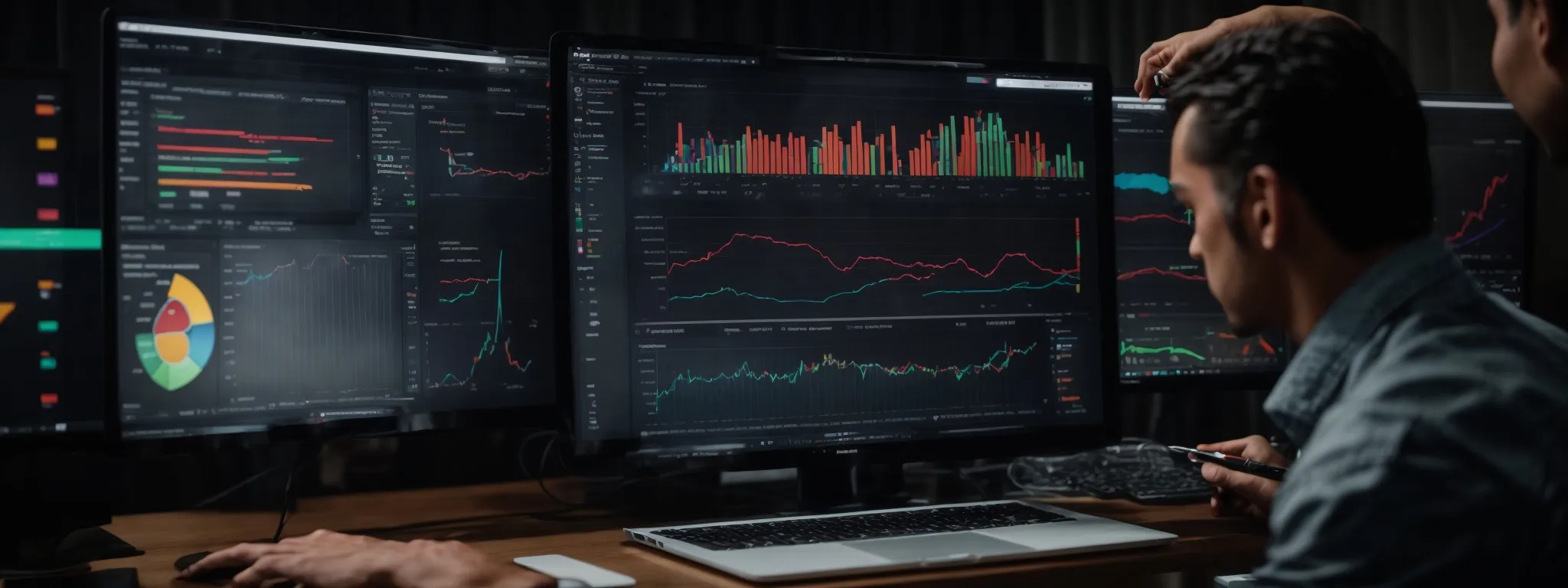 a marketer analyzes colorful graphs and charts on a computer screen demonstrating keyword performance metrics.