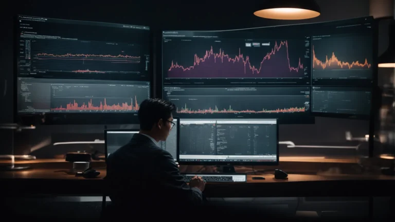 a person analyzing data trends on a computer screen displaying search volume graphs.