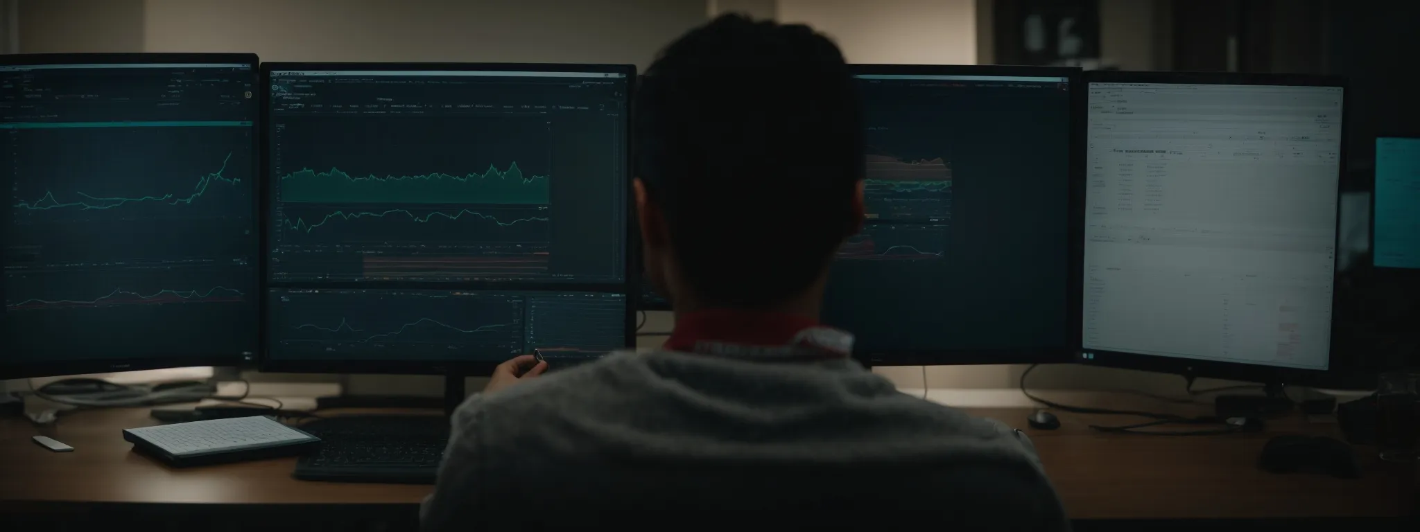 a person sits in front of a computer, engaged in analyzing data and trends on a digital marketing dashboard.