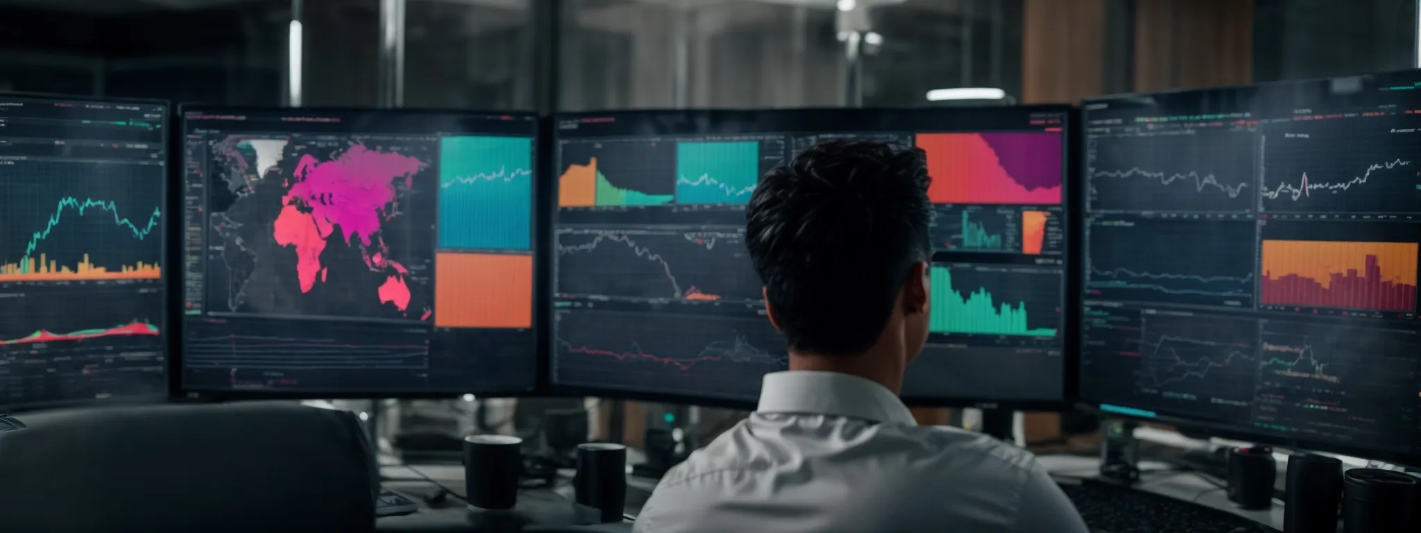a person analyzing competitors on a large monitor displaying colorful graphs and analytics dashboards.