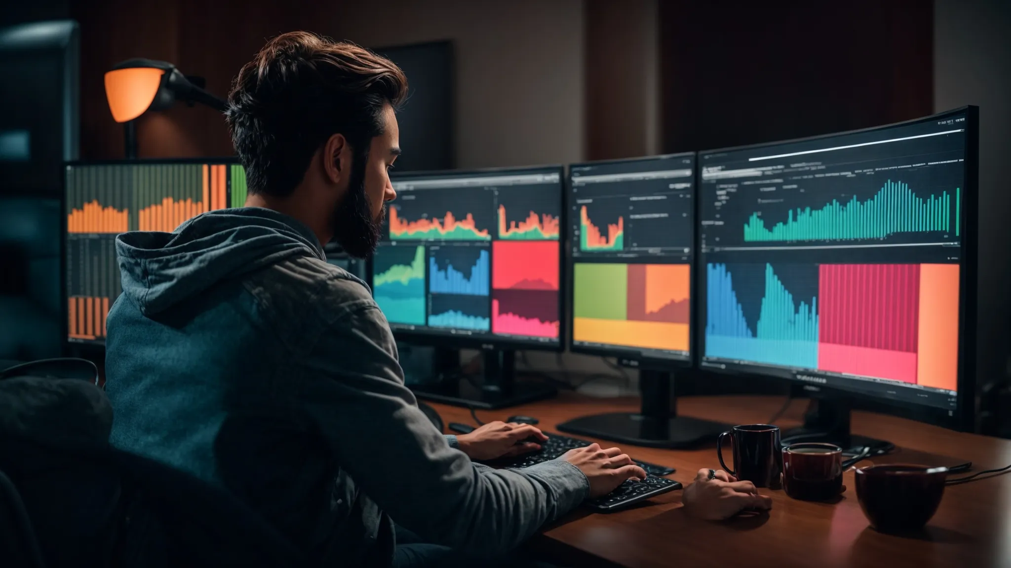 a person sitting in front of a dual-monitor setup, scrutinizing a colorful analytics dashboard showcasing various keyword performance metrics.