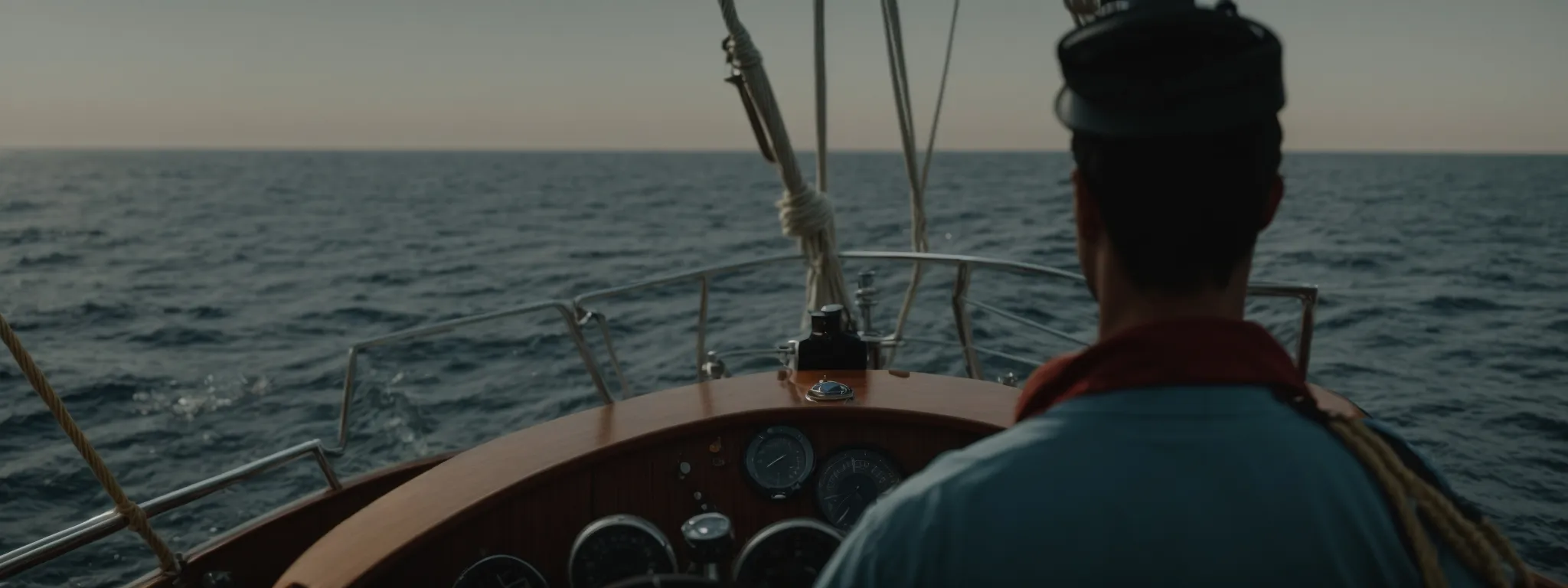 a navigator at the helm of a ship, expertly charting a course through calm ocean waters.