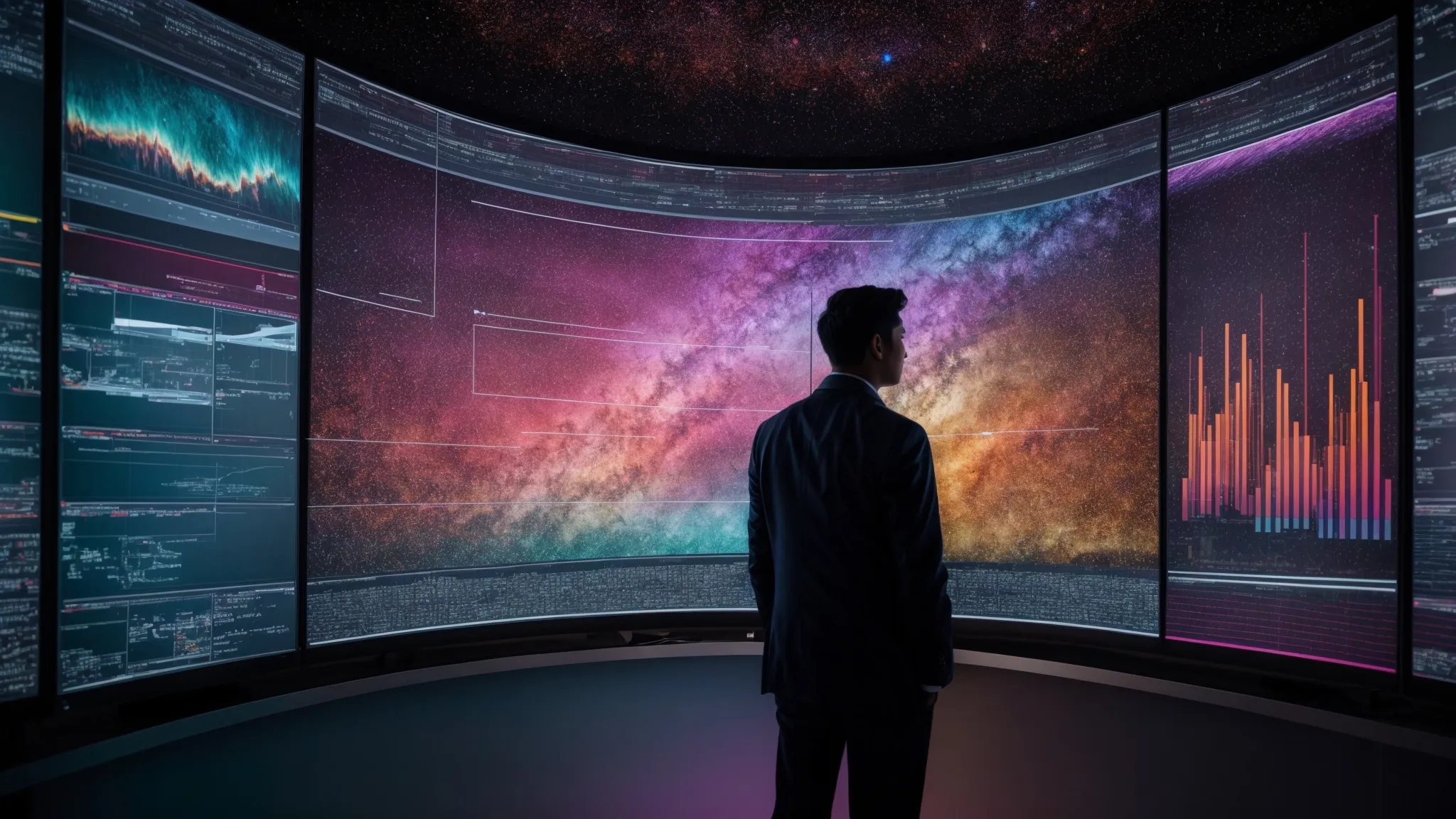 a researcher intently gazes at a large, glowing screen filled with colorful data visualizations, representing the innovative technology for keyword optimization.