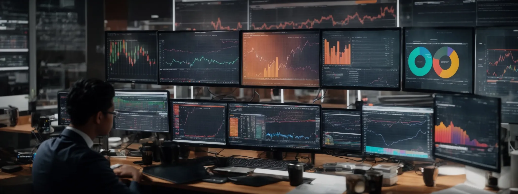 a professional at a desk with a computer displaying colorful graphs and charts related to seo and marketing strategies.