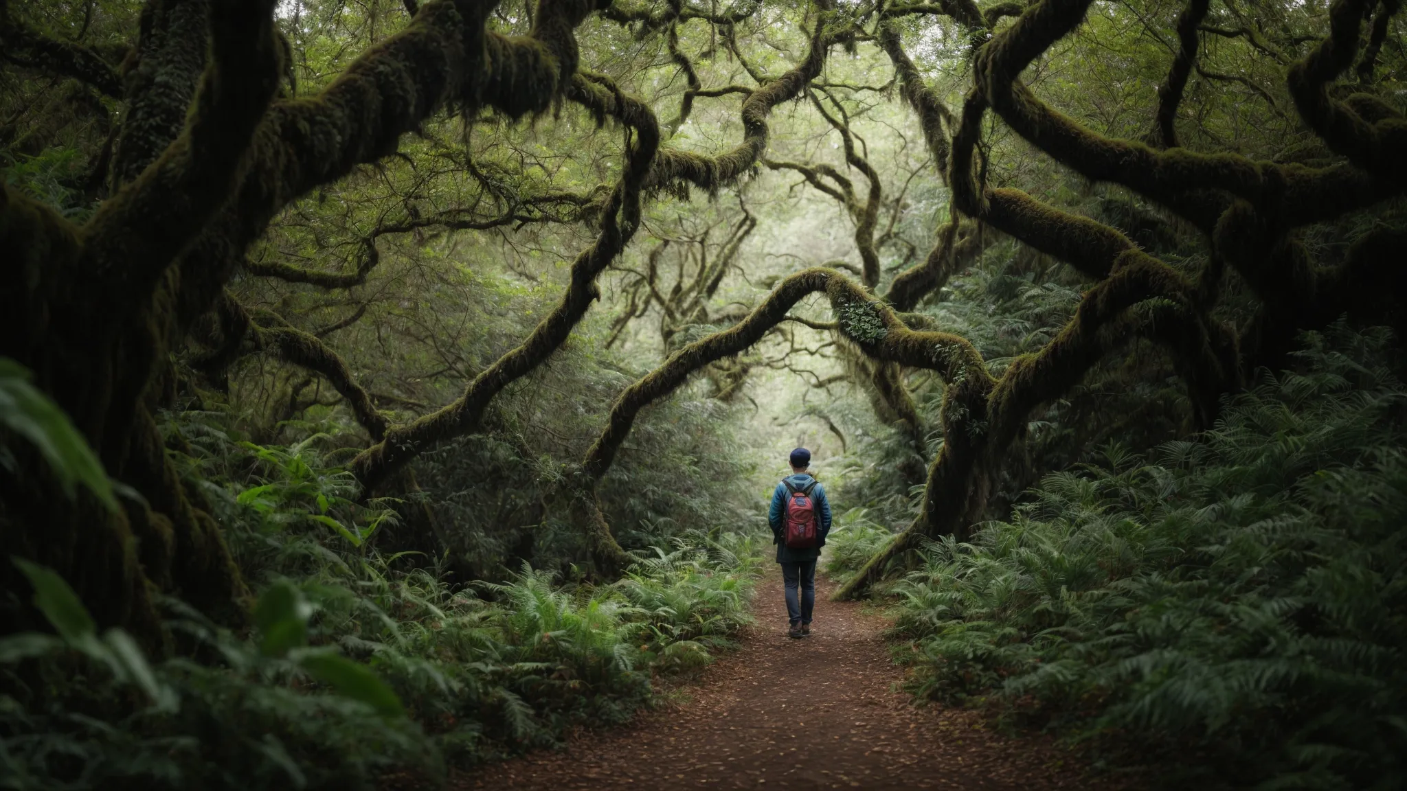 a person stands at a branching path in a lush forest, symbolizing choices in keyword strategy navigation.