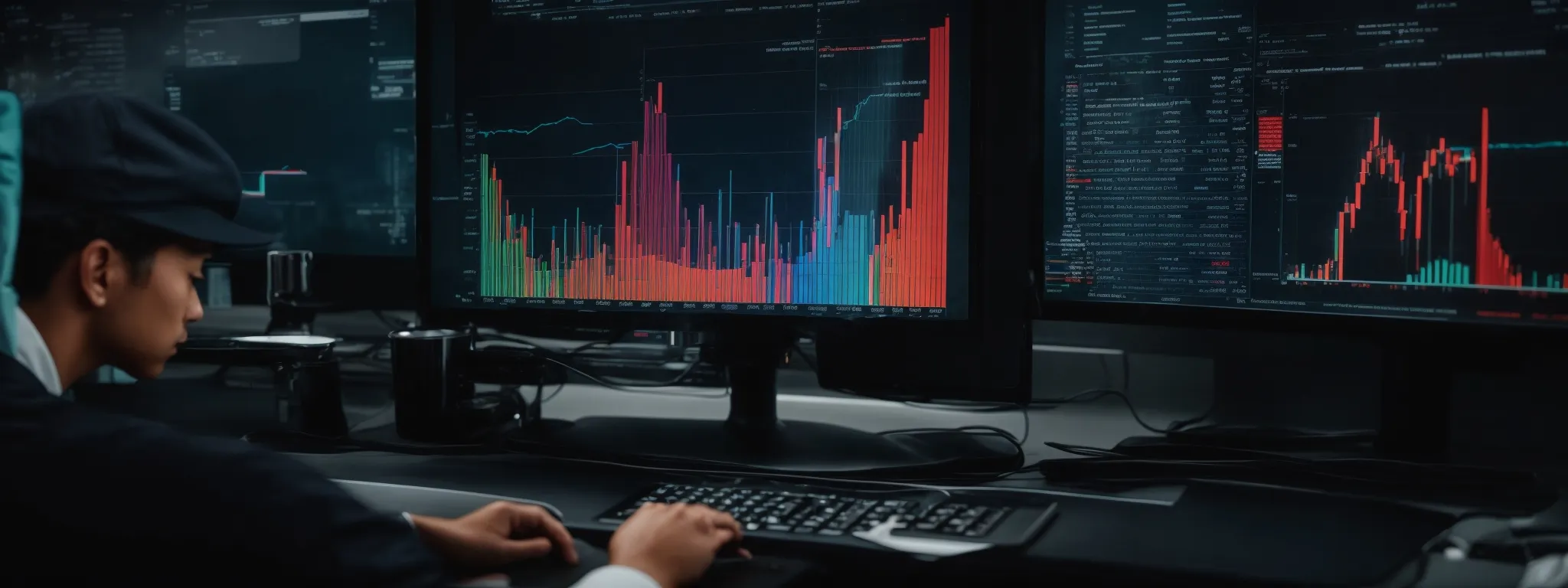 a person analyzes colorful graphs and charts on a computer screen, reflecting keyword performance metrics.